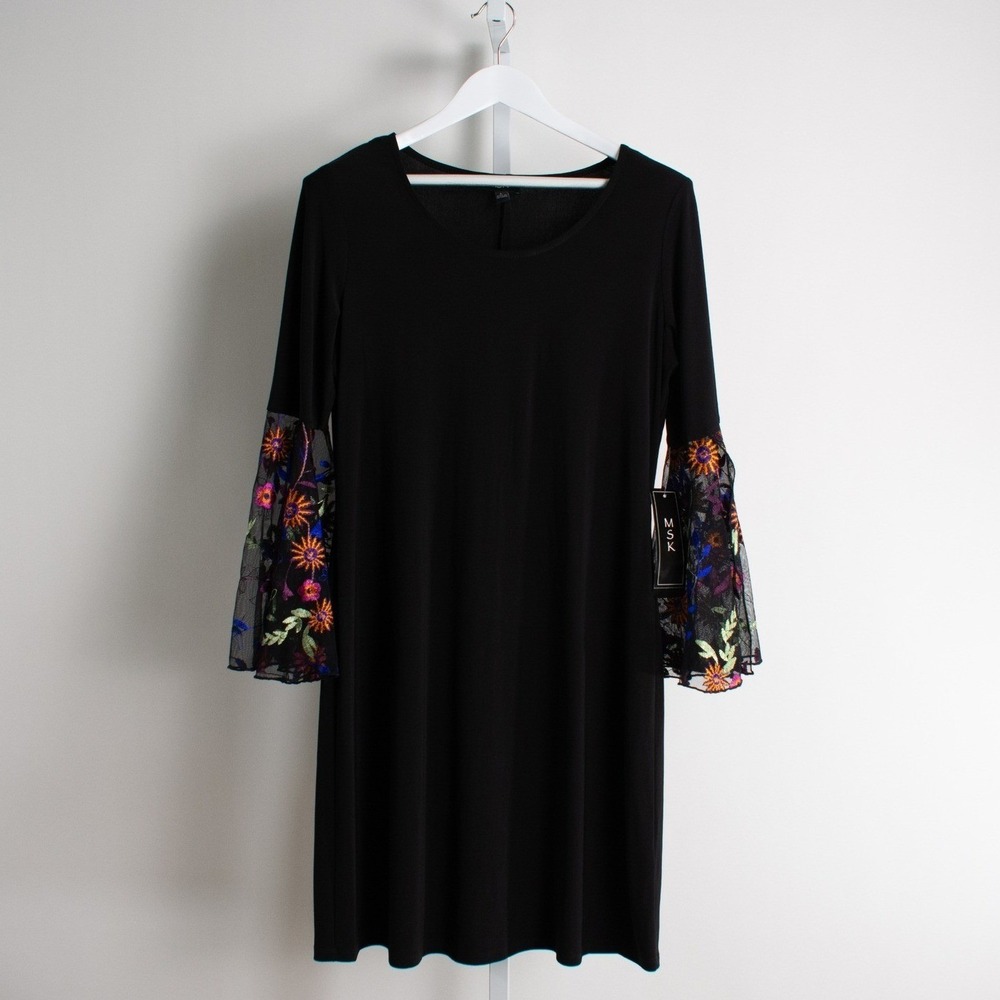 MSK Black Dress Floral Embroidered Bell Sleeve Cocktail Party Career‎ L Large